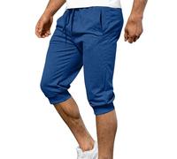 Mens 3/4 Length Joggers Mens Cropped Trousers Cuffed Tracksuit Bottoms Three Quarter Length Shorts Breathable Comfy Gym Running Capri Pants Lightweight Loose Fit Workout Sport Pants Blue