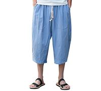 Mens 3/4 Linen Capris Pants Below Knee 3/4 Length Capris Shorts Elastic Waist Casual Loose Baggy Harem Workout Travel Fishing Running Pants Summer Beach Yoga Lounge Pajamas Cropped Trouser Sky Blue