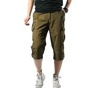 Men's 3/4 Long Cargo Shorts Loose Fit Below Knee Tactical Capri Short Relaxed Fit Short Pants with Multi Pockets (Yellow,Medium)