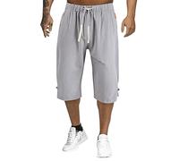 Mens 3/4 Shorts Elasticated Waist Long Length Three Quarter Pants, Cotton Linen Shorts Tracksuit Bottom with Drawstring Summer Straight Cropped Sweatpants Solid Color Breathable Beach Yoga Pants Grey