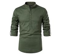 Men's 3/4 Sleeve Linen Shirt with Stand Collar Cotton Linen Loose Solid Top Loose Casual Beach T Shirts Roll Up (Army Green,XL)