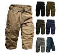 Men's 3/4 Trousers Mens Tactical Cargo Shorts UK Casual 3/4 Length Baggy Combat Trousers Elasticated Waist Ripstop Outdoor Hiking Work Short Pants with Multi Pockets Big and Tall Khaki