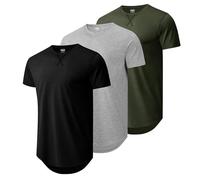 Mens 3 Pack Cotton Hipster Longline T Shirts Curved Hem Plain Hip Hop Short Sleeve Tee Fitted Casual Drop Cuts Crewneck, Black+light Grey+army Green, Medium