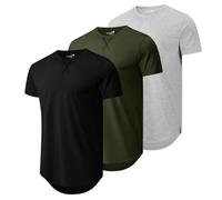 Mens 3 Pack Plain Cotton Shirts Short Sleeve Casual Crew Neck T-Shirts Hipster Hip Hop Longline Tees Drop Cut Curved Hem, Black/Light Grey/Army Green, S