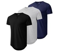 Mens 3 Pack Plain Cotton Shirts Short Sleeve Casual Crew Neck T-Shirts Hipster Hip Hop Longline Tees Drop Cut Curved Hem, Black/Light Grey/Navy, Large