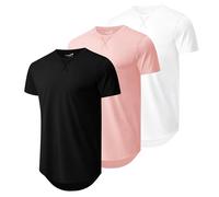 Mens 3 Pack Plain Cotton Shirts Short Sleeve Casual Crew Neck T-Shirts Hipster Hip Hop Longline Tees Drop Cut Curved Hem, Black/White/Pink, Medium