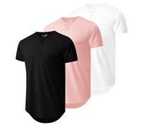 Mens 3 Pack Plain Cotton Shirts Short Sleeve Casual Crew Neck T-Shirts Hipster Hip Hop Longline Tees Drop Cut Curved Hem, Black/White/Pink, XL