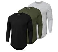 Mens 3 Pack Plain Cotton Shirts Short Sleeve Casual Crew Neck T-Shirts Hipster Hip Hop Longline Tees Drop Cut Curved Hem, L-black+light Grey+army Green, S