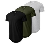 Mens 3 Pack Plain Cotton Shirts Short Sleeve Casual Crew Neck T-Shirts Hipster Hip Hop Longline Tees Drop Cut Curved Hem, Black/Light Grey/Army Green, Medium