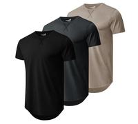 Mens 3 Pack Plain Cotton Shirts Short Sleeve Casual Crew Neck T-Shirts Hipster Hip Hop Longline Tees Drop Cut Curved Hem, Black/Dark Grey/Khaki, Medium