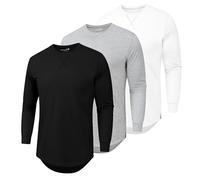 Mens 3 Pack Plain Cotton Shirts Short Sleeve Casual Crew Neck T-Shirts Hipster Hip Hop Longline Tees Drop Cut Curved Hem, L-black+light Grey+white, Large