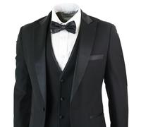 Mens 3 Piece Black Classic Satin Tuxedo Dinner Suit Tailored Fit Wedding Prom