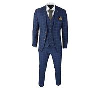 Mens 3 Piece Blue Orange Check Suit Retro Smart Tailored Fit Vintage - Blue 34