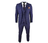 Mens 3 Piece Blue Suit Herringbone Tweed Check Tailored Fit 1920s Wedding Prom