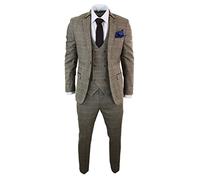Mens 3 Piece Herringbone Tweed Tan Brown Check Suit Tailored Fit Double Classic