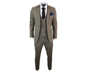 Mens 3 Piece Herringbone Tweed Tan Brown Check Suit Tailored Fit Double Classic
