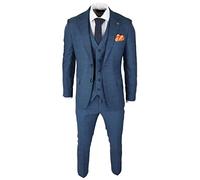 Mens 3 Piece Prince of Wales Check Suit Blue Classic Light Tailored Fit Modern - Blue 50