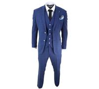 Mens 3 Piece Suit Blue Summer Linen Tailored Fit Wedding Prom Classic - Blue 36