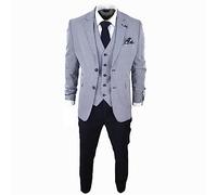 Mens 3 Piece Suit Grey Navy Contrasting Classic Summer Tailored Fit Regular Check - Navy 44