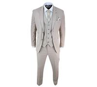 Mens 3 Piece Suit Linen Beige Cream 2 Button Tailored Fit Classic Retro