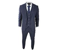 Mens 3 Piece Suit Pin Stripe Navy Classic Vintage Retro 1920s Tailored Fit Wedding - Navy 42