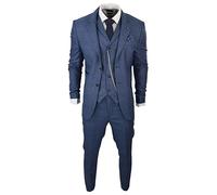 Mens 3 Piece Suit Prince of Wales Check Blue Tailored Fit Vintage Wedding - Blue 38