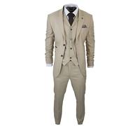 Mens 3 Piece Suit Prince of Wales Check Cream Beige Tailored Fit Vintage Wedding - Cream 38