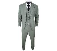 Mens 3 Piece Suit Sage Green Summer Linen Tailored Fit Wedding Prom Classic - Green 34