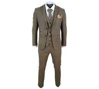 Mens 3 Piece Suit Tweed Check Vintage Retro Tailored Fit 1920s Brown