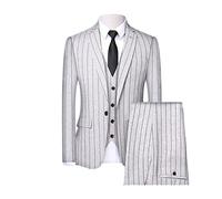 Mens 3 Piece Suit Tweed Striped Vintage Retro Business Wedding Party Blazer Vest Pants Tuxedo Set Casual Dress Suits (White,2XL)