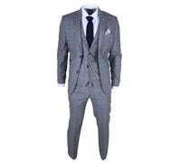 Men's 3 Piece Suit Wool Tweed Herringbone Light Blue Grey Check 1920s Gatsby Formal Dress Suits - Blue 44
