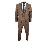Men's 3 Piece Suit Wool Tweed Herringbone Tan Brown Blue Check 1920s Gatsby Formal Dress Suits - Oak 44