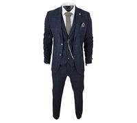 Men's 3 Piece Suit Wool Tweed Navy Blue Brown Check 1920s Gatsby Formal Dress Suits - Navy 50