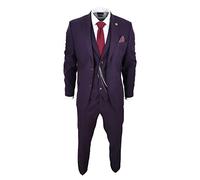 Men's 3 Piece Suit Wool Tweed Plum Wine Check 1920s Gatsby Formal Dress Suits - Plum 48