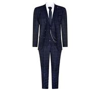 Mens 3 Piece Wool Suit Navy Blue Tweed Check Peaky 1920 Gatsby Formal