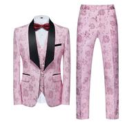 Men's 3 Pieces 1 Button Flora Tuxedo Blazer Elegant Slim Fit Single Breasted for Prom Wedding Party Stylish Suit Dress Set Vest Pants (Rose,3XL)