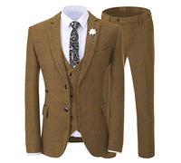 Men's 3 Pieces Formal Tweed Mens Suit Slim Fit Brown Tuxedos for Wedding Groomsmen(Blazer+Vest+Pant)(Brown,38)