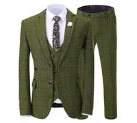 Men's 3 Pieces Formal Tweed Mens Suit Slim Fit Green Tuxedos for Wedding Groomsmen(Blazer+Vest+Pant)(Green,Customized Size)