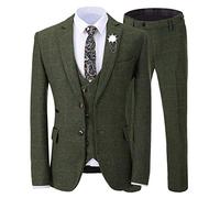 Men's 3 Pieces Formal Tweed Mens Suit Slim Fit Hunt Green Tuxedos for Wedding Groomsmen(Blazer+Vest+Pant)(Hunt Green,46)