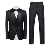 Men's 3 Pieces Sequin Casual Dance Suit Jacket One Button Single Breasted Pants Set Prom Blazer Wedding Coat, Black, M-cm