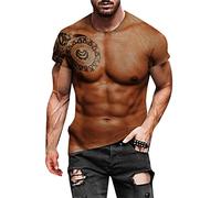 Men's 3D Muscle T-Shirt Muscle Tattoo Print T-Shirt Men Short Sleeve 3D Digital Print T-Shirt Funny T-Shirt Funny Gift for Men Funny Sports Shirt Muscle Pressure Short Sleeve Shirt, coffee, 3XL