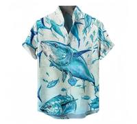 Men's 3D Printed Shark Pattern Short Sleeve Shirts Vintage Stand Collar Button Down Shirt Summer Casual Beach Holiday Top
