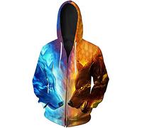 Men's 3D Wolf Print Casual Jacket Full Zip Hoodie Hooded Sweatshirts Ice & Fire Wolf XXL