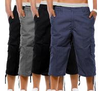 Mens 4 Pack 3/4 Cargo Shorts Elasticated Waist Summer Holiday Capri Style Lightweight Multipocket Cropped Pants, 2X Black, 1x Charcoal, 1x Navy, 3XL
