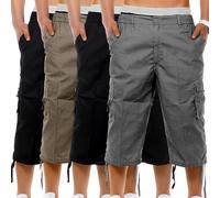 Mens 4 Pack 3/4 Cargo Shorts Elasticated Waist Summer Holiday Capri Style Lightweight Multipocket Cropped Pants, 2X Black, 1x Charcoal, 1x Khaki, M