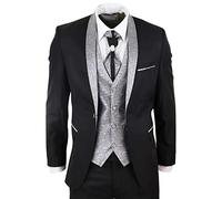 Mens 4 Piece Wedding Suit Groom Shawl Collar Vintage Black Silver Cravat Tailor