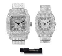 Mens 45mm Iced Square Diamond Watch with Fully Iced Case,Iced Roman Dial,Bling-ed Out Adjustable Band,14k Gold, Silver, Two-Tone, and Gun Finish,Watch and Watch & Bracelet Sets,SILVER, mens-standard
