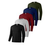Men's 5 Pack Cotton Shirts, Long Sleeve Crewneck Casual Tees, Classic Regular-fit Shirt Winter Basic Tops Black/Grey/Red/Navy Blue/Green 5P02-L