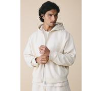 Men's 500 GSM Heavyweight Essential Embroidered Boxy Zip Through Hoodie | Ecru | Size Large | BOOHOOMAN
