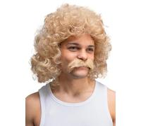 Mens 70s Dirty Blonde Curly Perm Wig with Moustache